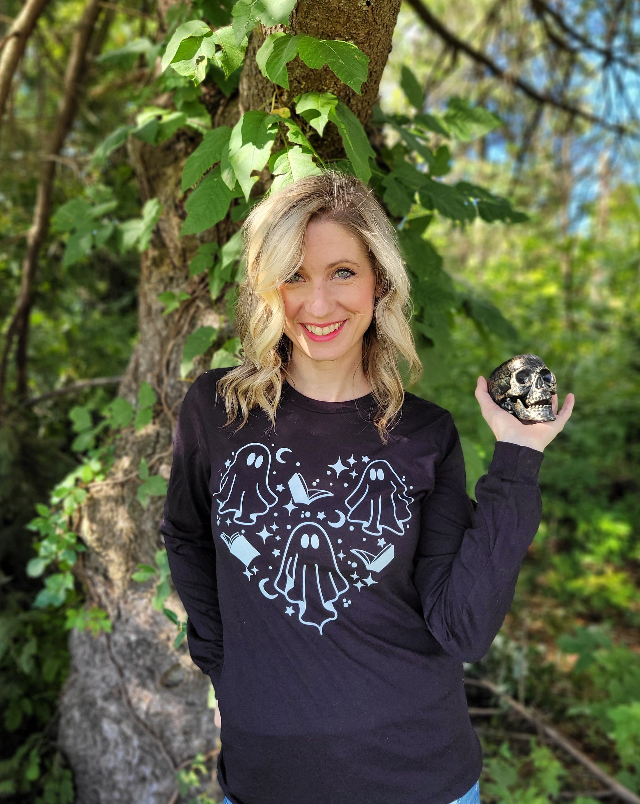 Boo Books Unisex Long Sleeve Tee - White Design for FireDrake Artistry Photo by @kcbooklover