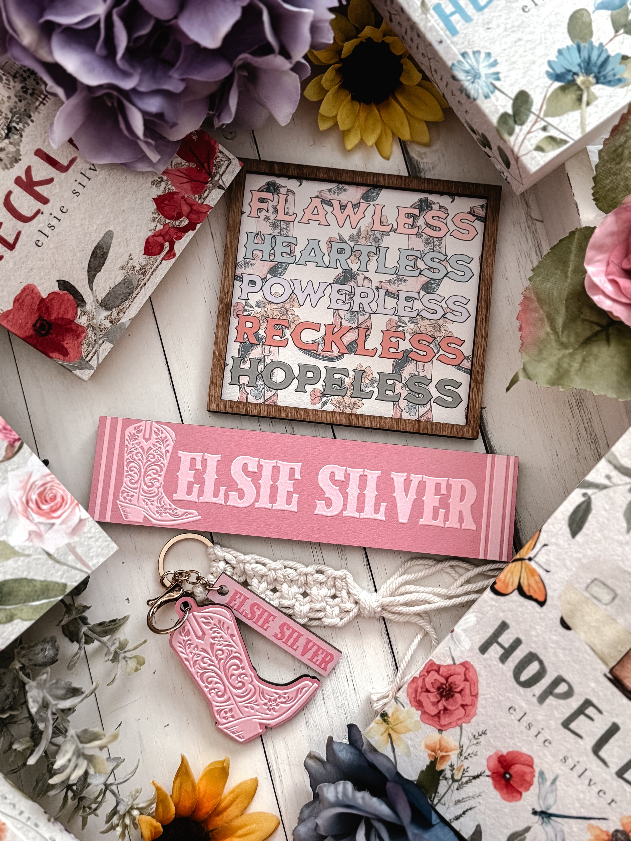 Officially Licensed Elsie Silver Cowboy Boot Keychain, Elsie Silver Shelfmark™, and Chestnut Springs Series sign by FireDrake Artistry®