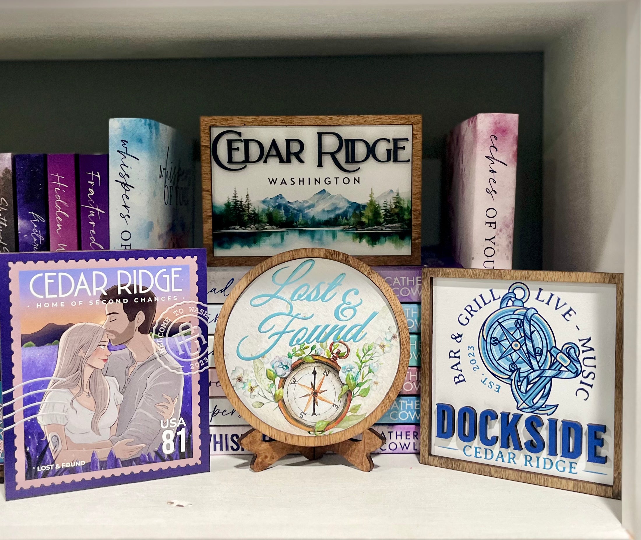 Cedar Ridge, Cedar Ridge Postcard Stamp, Lost & Found Compass, and Dockside Shelf Signs by FireDrake Artistry®