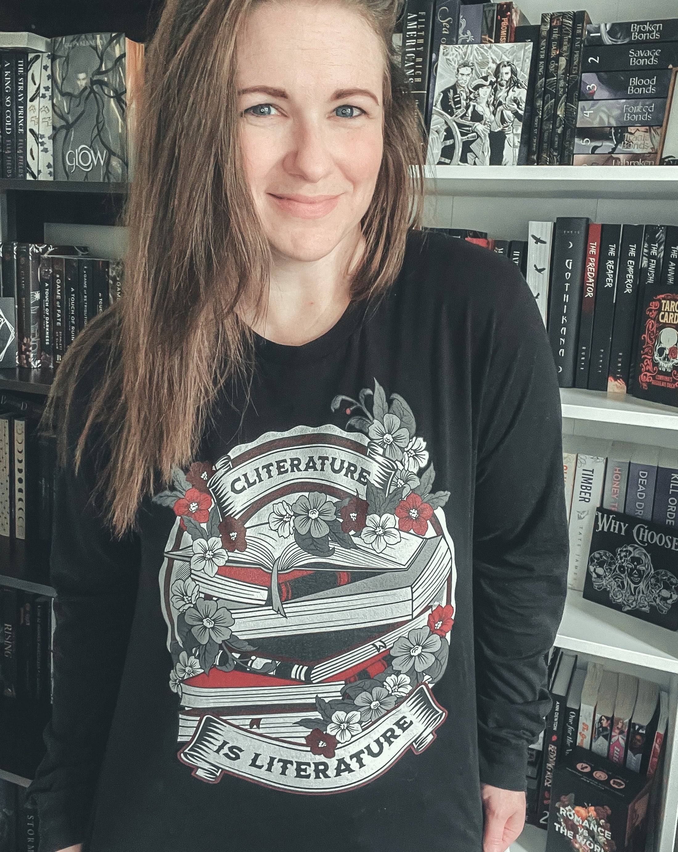 Cliterature is Literature Dark Bookstack Unisex Long Sleeve Tee for FireDrake Artistry Photo by @athousandbookishlives