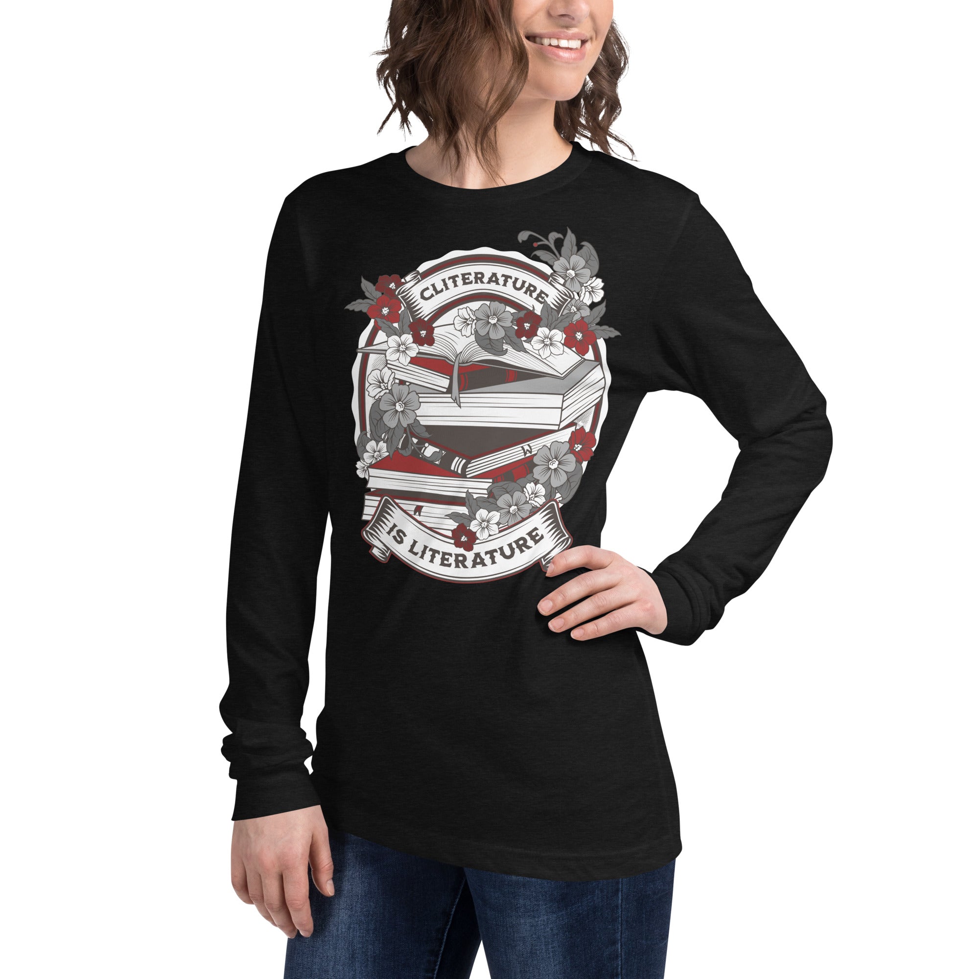 Cliterature is Literature Dark Bookstack Unisex Long Sleeve Tee for FireDrake Artistry 