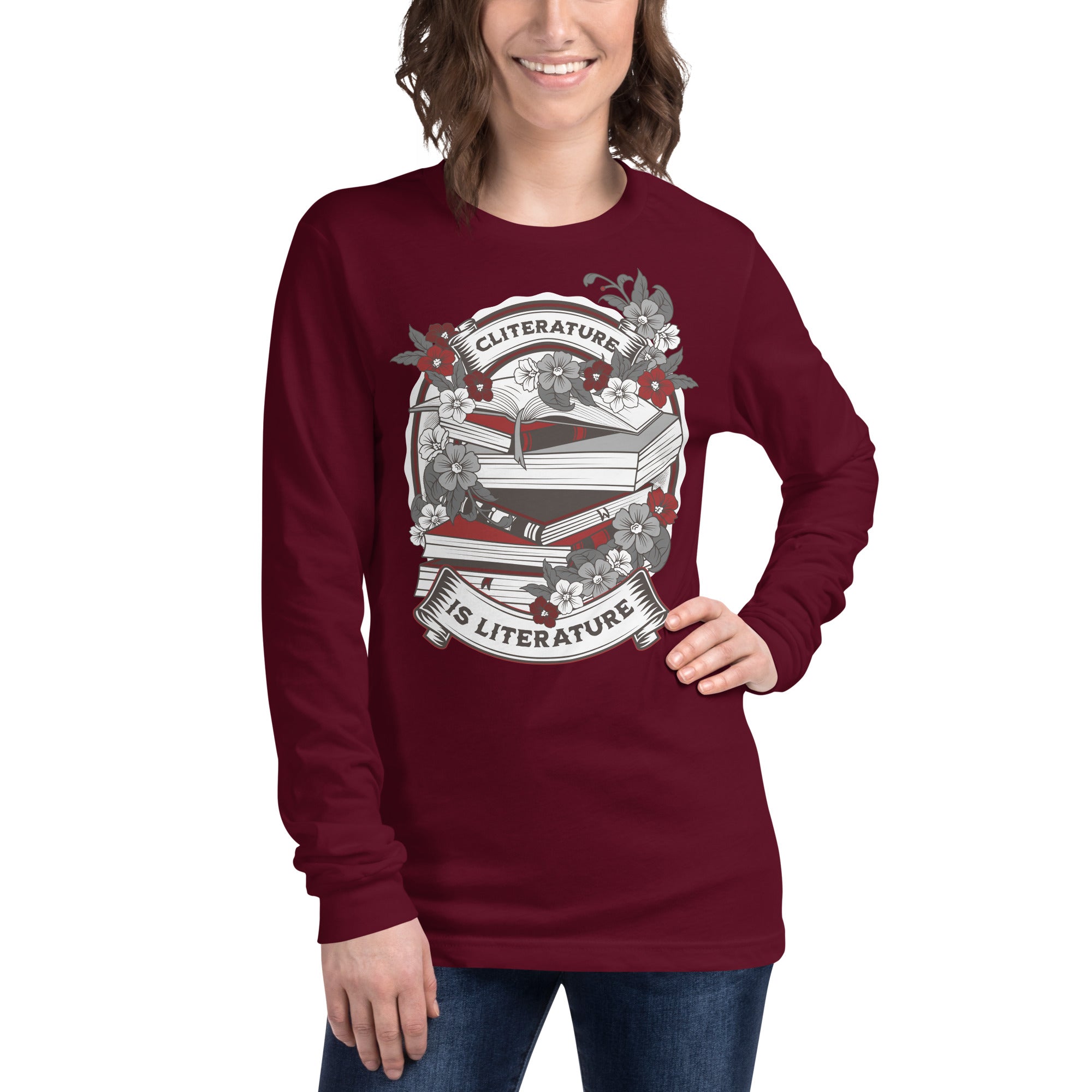 Cliterature is Literature Dark Bookstack Unisex Long Sleeve Tee for FireDrake Artistry 